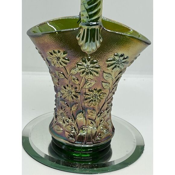 IMPERIAL CARNIVAL GLASS "HELIOS GREEN" GOLD IRIDESCENT BASKET-DAISY PATTERN 10” - Picture 2 of 9